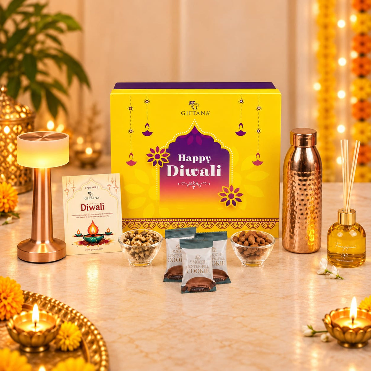 Diwali Gift Hamper with LED Lamp, Copper Bottle and Scented Diffuser