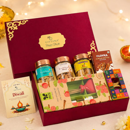 Diwali Gift Hamper with Reed Diffuser, Almond Brownie and Dry Fruits