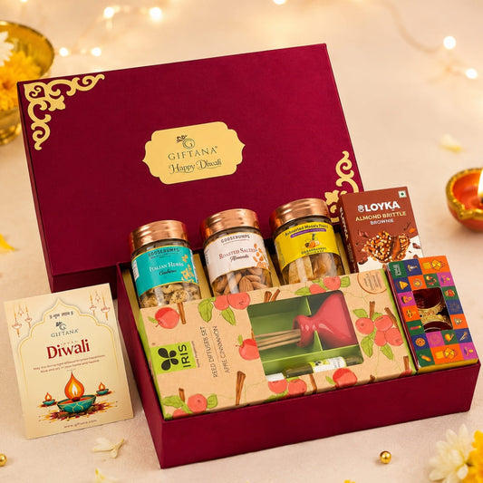 Diwali Gift Hamper with Reed Diffuser, Almond Brownie and Dry Fruits