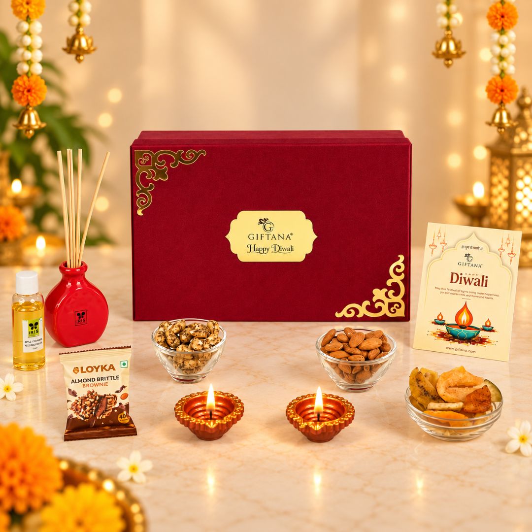 Diwali Gift Hamper with Reed Diffuser, Almond Brownie and Dry Fruits