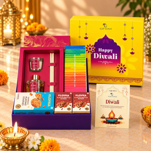 Diwali Gift Hamper with Reed Diffuser, Candle and Dabri Rainbow Tea