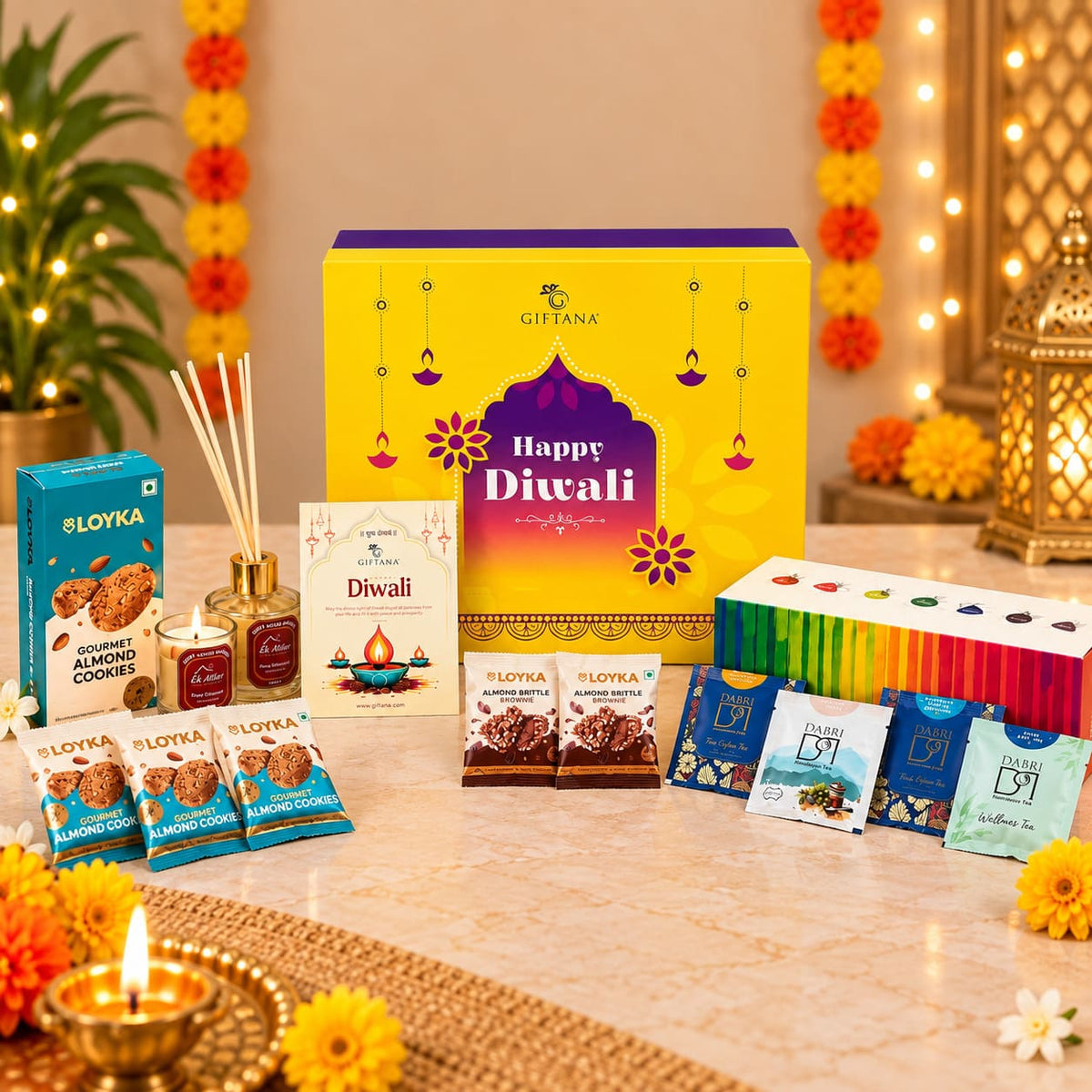 Diwali Gift Hamper with Reed Diffuser, Candle and Dabri Rainbow Tea