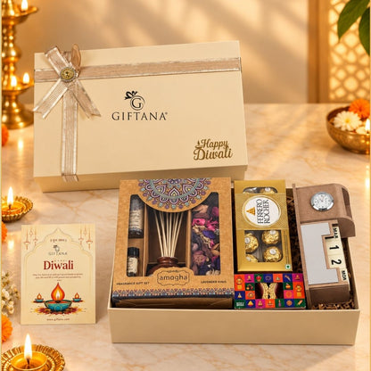 Diwali Gift Hamper with Reed Diffuser, Desk Clock and Ferrero Rocher