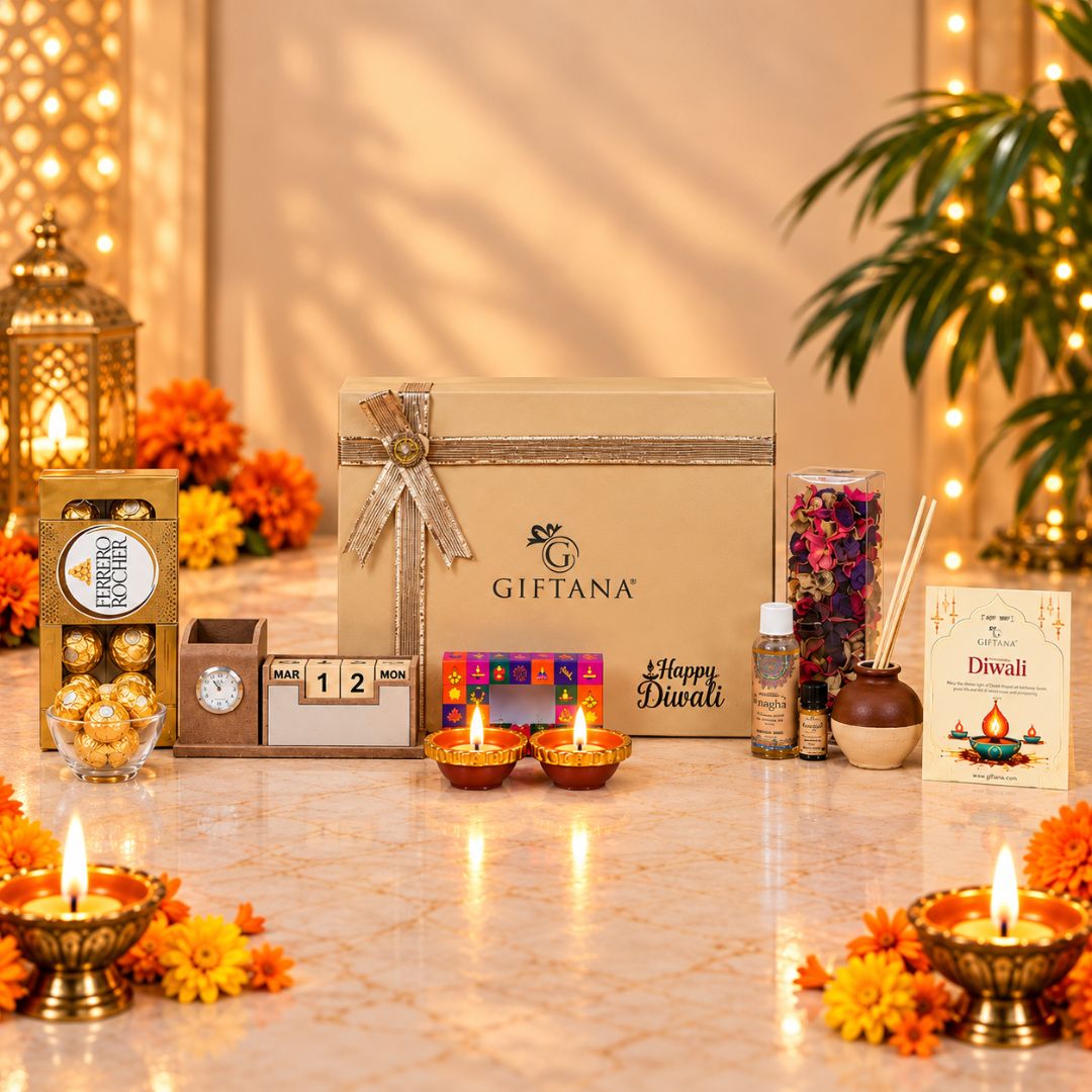 Diwali Gift Hamper with Reed Diffuser, Desk Clock and Ferrero Rocher