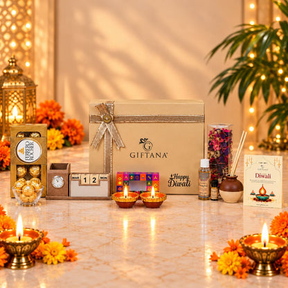 Diwali Gift Hamper with Reed Diffuser, Desk Clock and Ferrero Rocher