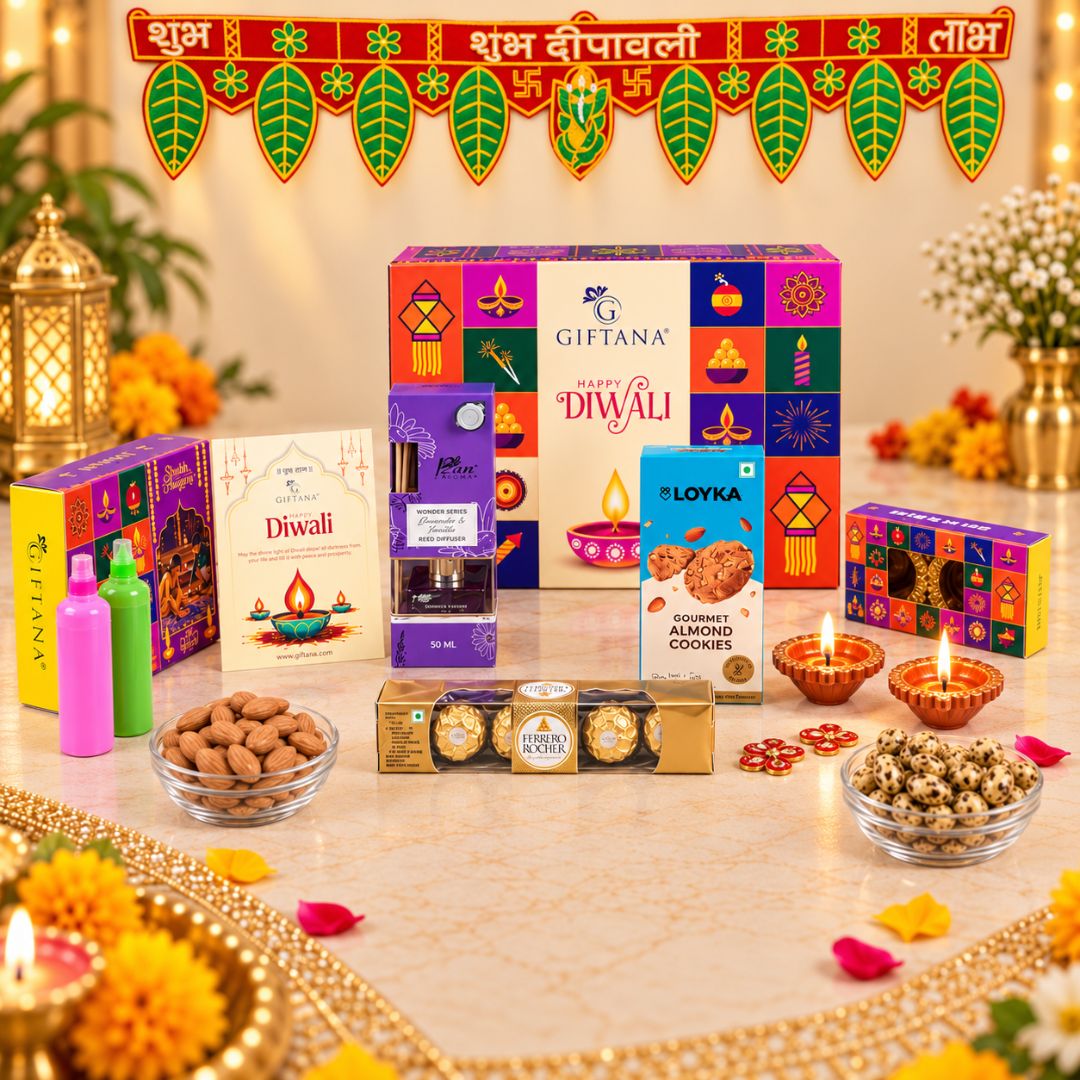 Diwali Gift Hamper with Reed Diffuser, Ferrero Rocher and Almond Cookies