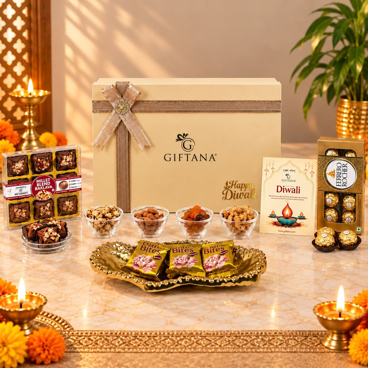 Diwali Gift Hamper with Serving Tray, Ferrero Rocher and Dry Fruits