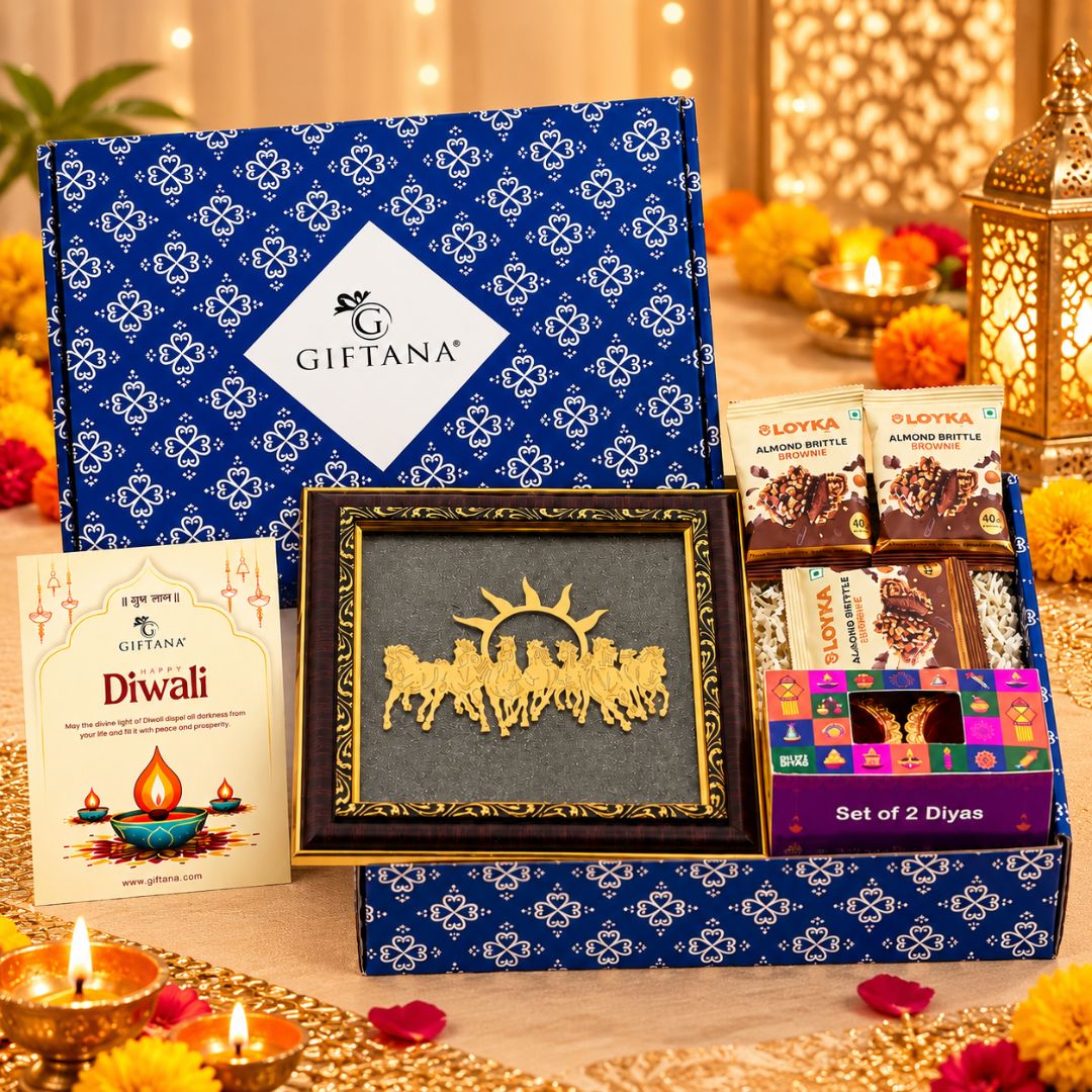 Diwali Gift Hamper with Surya Rath Photo Frame and Loyka Almond Brittle