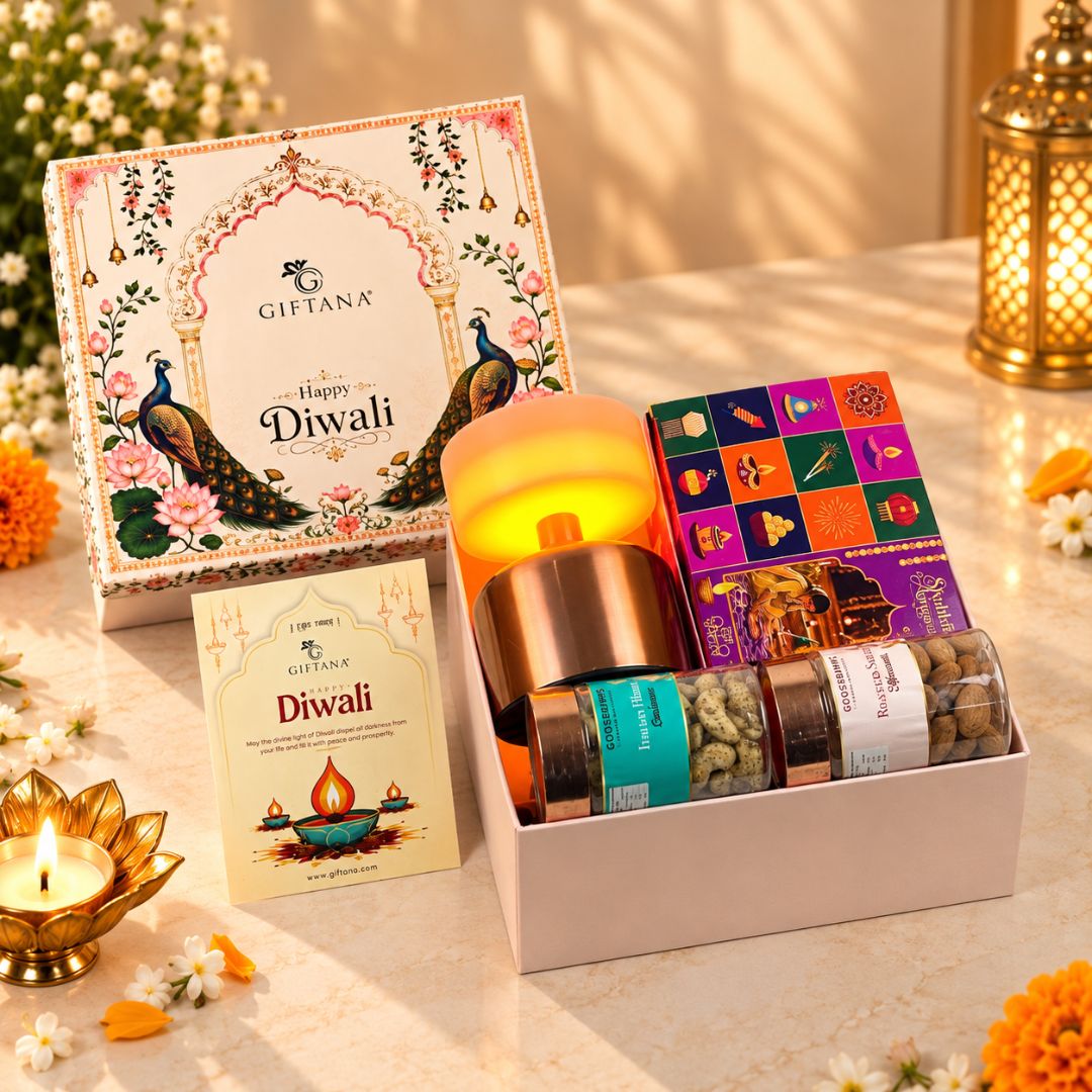 Diwali Gift Hamper with Table Lamp, 8 Ferrero Rocher and Pooja Kit