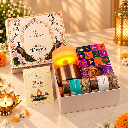 Diwali Gift Hamper with Table Lamp, 8 Ferrero Rocher and Pooja Kit
