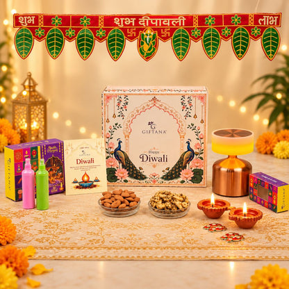 Diwali Gift Hamper with Table Lamp, 8 Ferrero Rocher and Pooja Kit