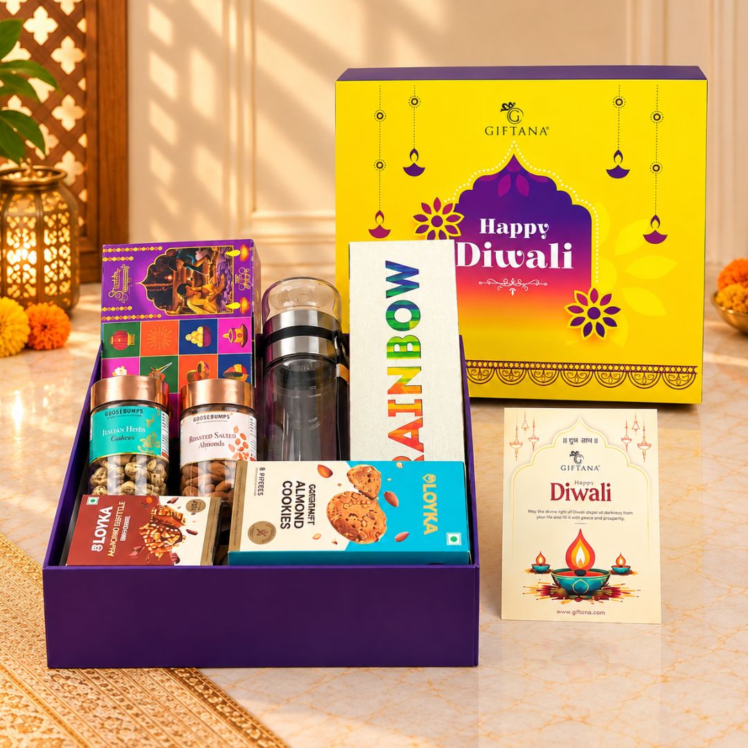Diwali Gift Hamper with Tea Infuser Bottle, Dabri Teas and Pooja Box