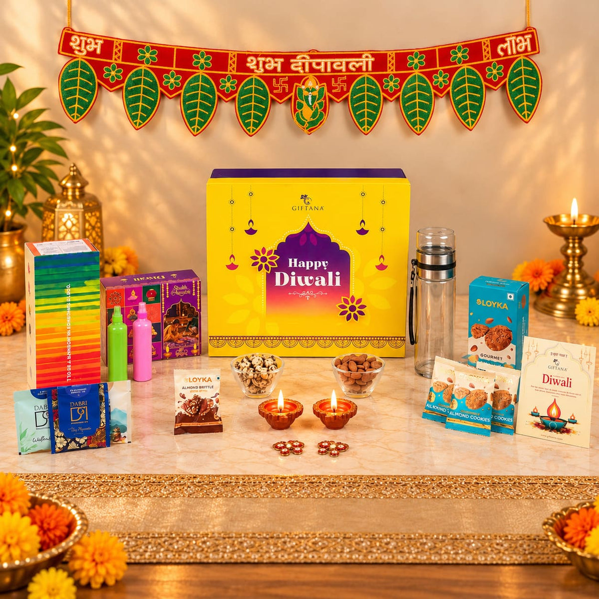 Diwali Gift Hamper with Tea Infuser Bottle, Dabri Teas and Pooja Box