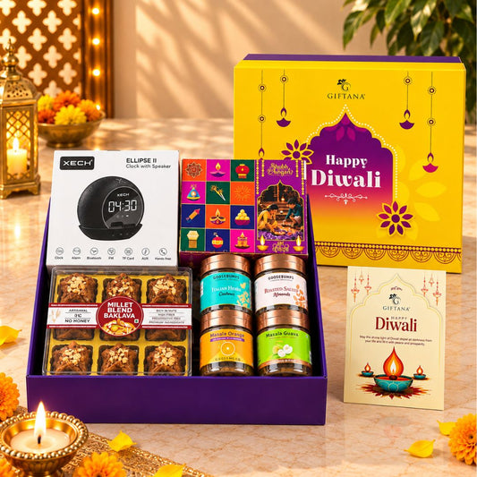 Diwali Gift Hamper with Xech Clock Speaker, Baklawa and Dry Fruits