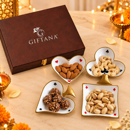 Diwali Gift Set of 4 Playing Card Serving Bowls in PU Leather Box