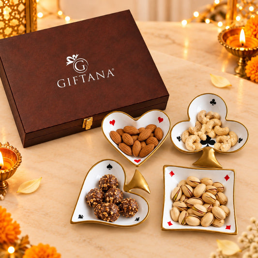 Diwali Gift Set of 4 Playing Card Serving Bowls in PU Leather Box