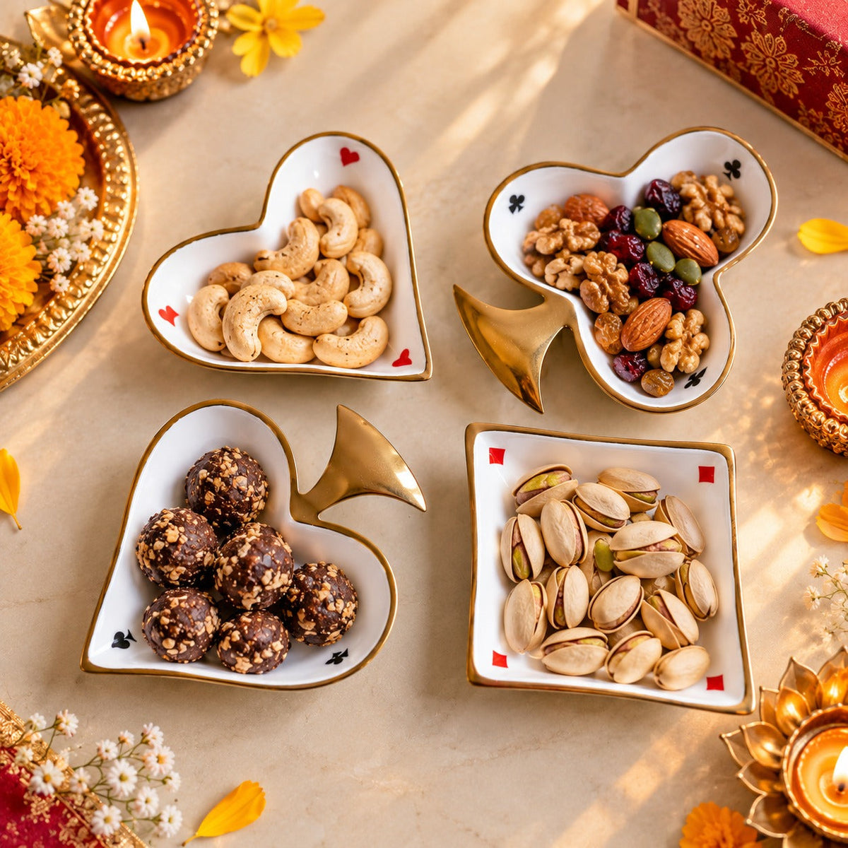 Diwali Gift Set of 4 Playing Card Serving Bowls in PU Leather Box