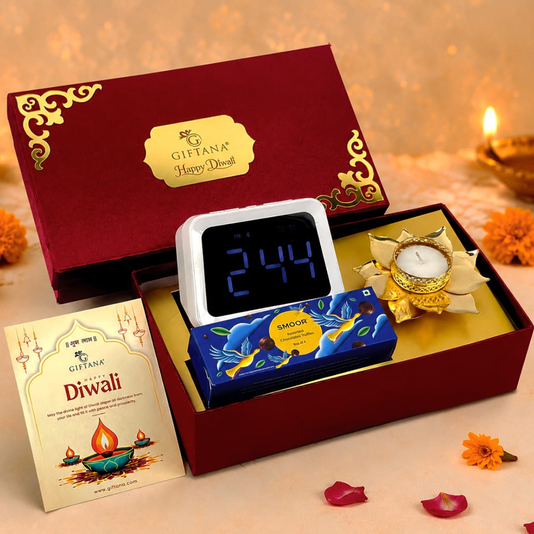 Diwali Gift Set with Bluetooth Speaker Clock, Smoor Truffles and Lotus Diya