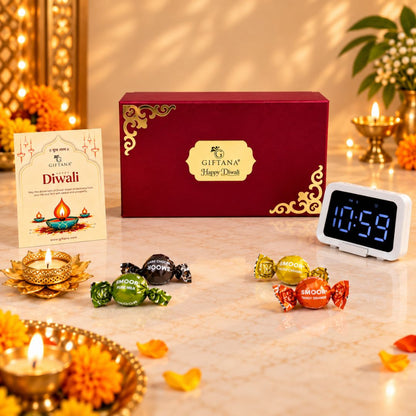 Diwali Gift Set with Bluetooth Speaker Clock, Smoor Truffles and Lotus Diya