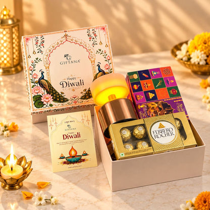 Diwali Gift Set with Mini Table Lamp, Ferrero Rocher and Toran