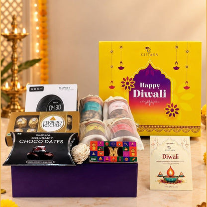 Diwali Gourmet Hamper with Xech Speaker Clock, Ferrero Rocher, Dry Fruits