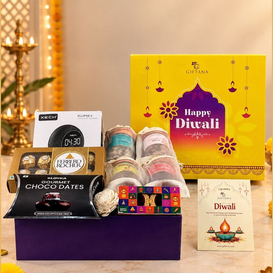 Diwali Gourmet Hamper with Xech Speaker Clock, Ferrero Rocher, Dry Fruits