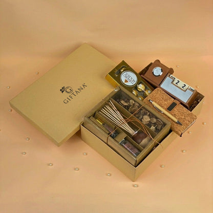Diwali Office Gift Hamper with Desk Clock, Cork Diary and Bamboo Pen
