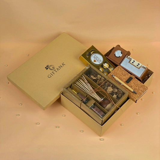 Diwali Office Gift Hamper with Desk Clock, Cork Diary and Bamboo Pen