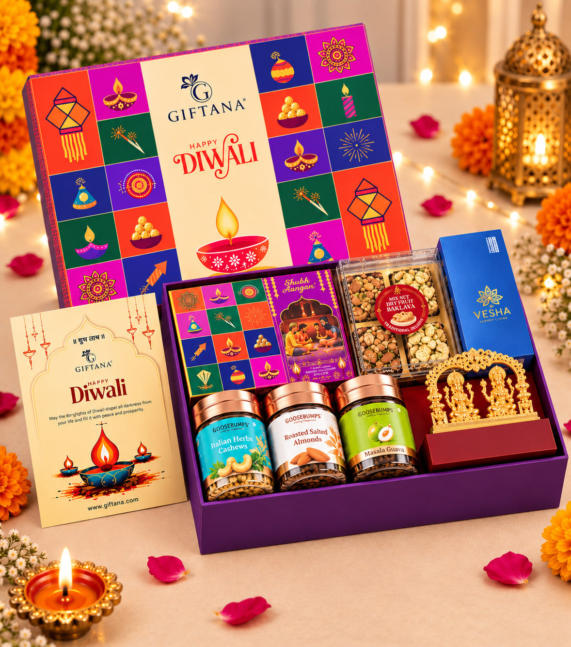 Diwali Pooja Gift Box with Laxmi Ganesh Idol, Havan Cups and Baklawa