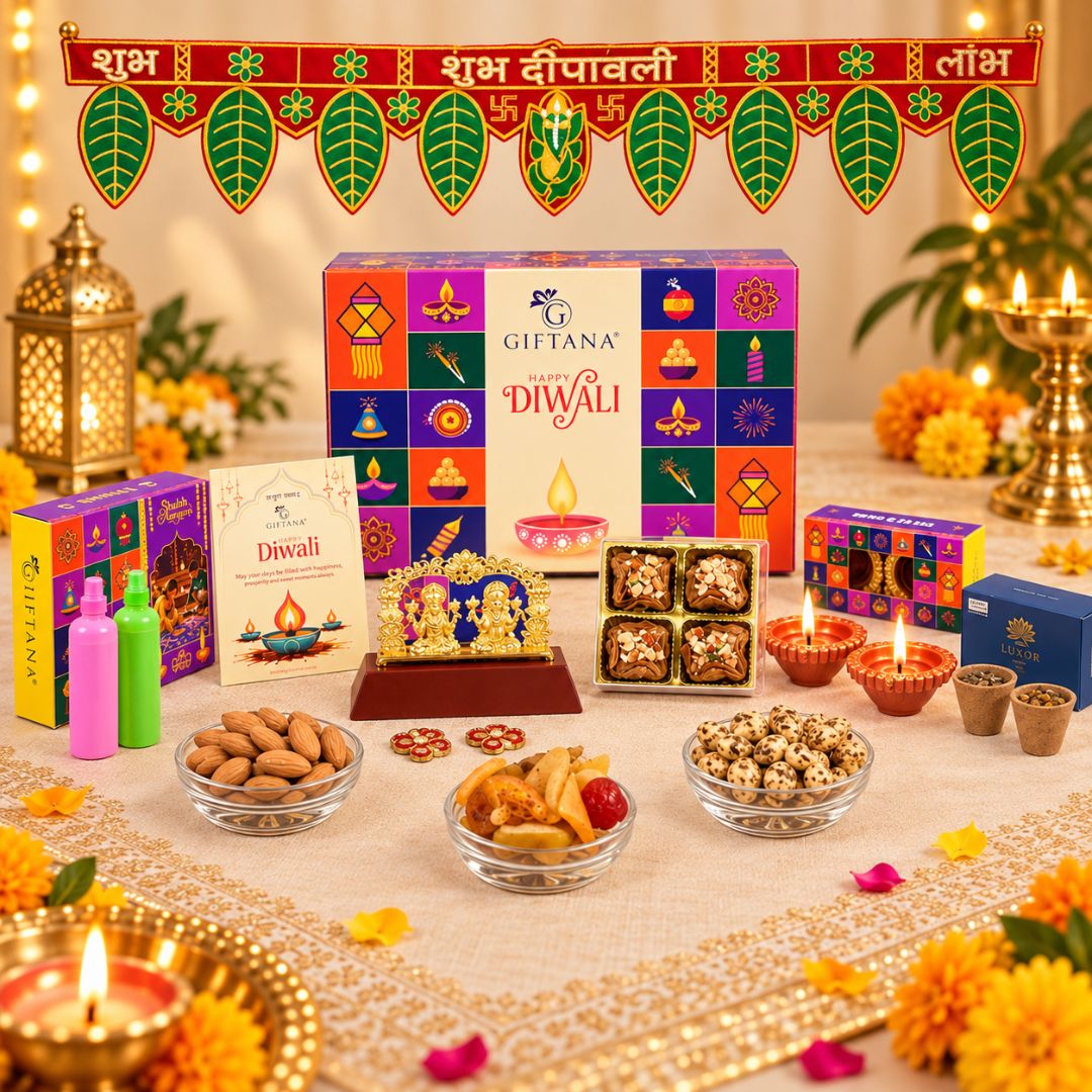 Diwali Pooja Gift Box with Laxmi Ganesh Idol, Havan Cups and Baklawa