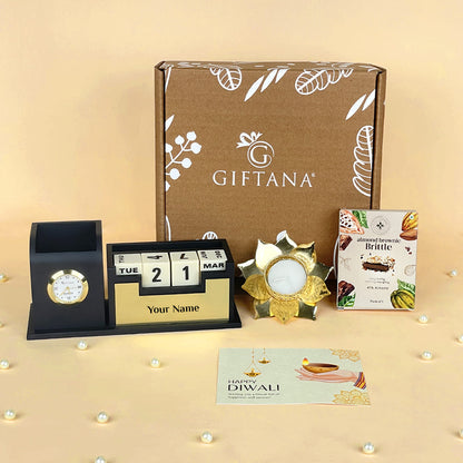 Diwali Return Gift with Desk Clock Organizer, Almond Brittle and Lotus Diya