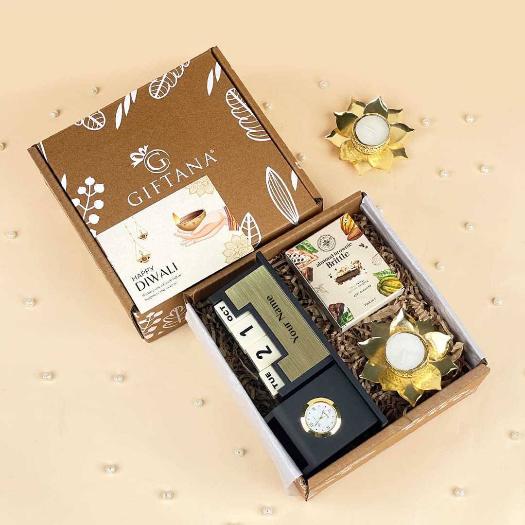 Diwali Return Gift with Desk Clock Organizer, Almond Brittle and Lotus Diya
