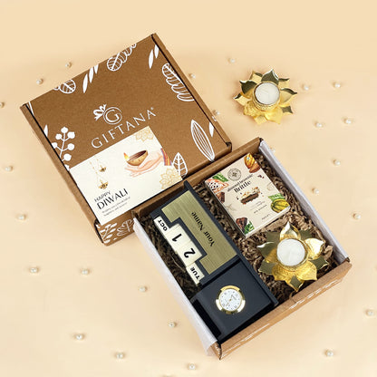 Diwali Return Gift with Desk Clock Organizer, Almond Brittle and Lotus Diya