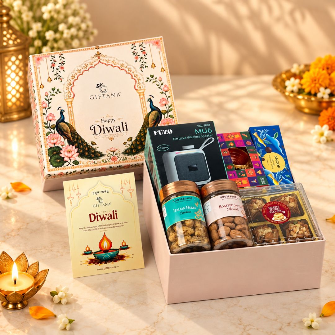 Diwali Speaker Gift Hamper with Fuzo Speaker, Truffles and Baklawa