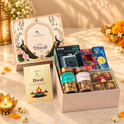 Diwali Speaker Gift Hamper with Fuzo Speaker, Truffles and Baklawa