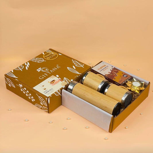 Eco Diwali Gift Combo with Wooden Bottle, 2 Bamboo Mugs, Loyka Chocolates