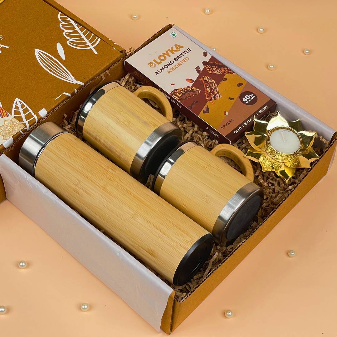 Eco Diwali Gift Combo with Wooden Bottle, 2 Bamboo Mugs, Loyka Chocolates