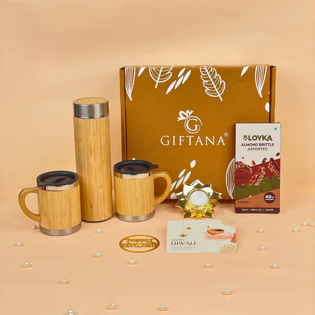 Eco Diwali Gift Combo with Wooden Bottle, 2 Bamboo Mugs, Loyka Chocolates