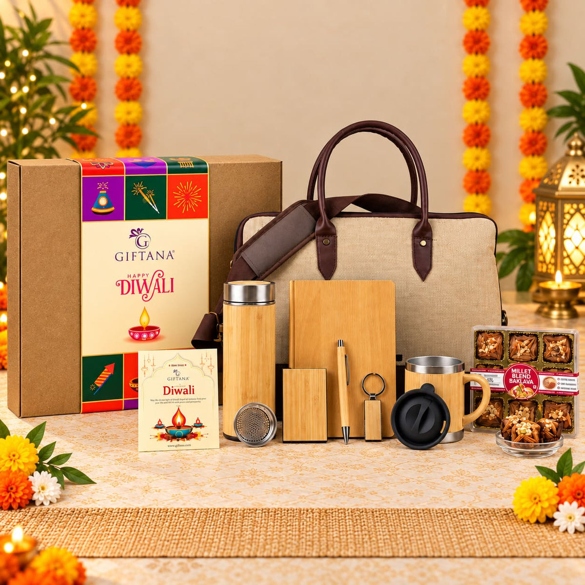 Eco-Friendly Corporate Diwali Gift Set with Laptop Bag and Bamboo Bottle