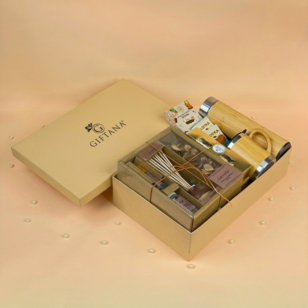 Eco Friendly Diwali Gift Box with Reed Diffuser, Bamboo Mug and Bottle