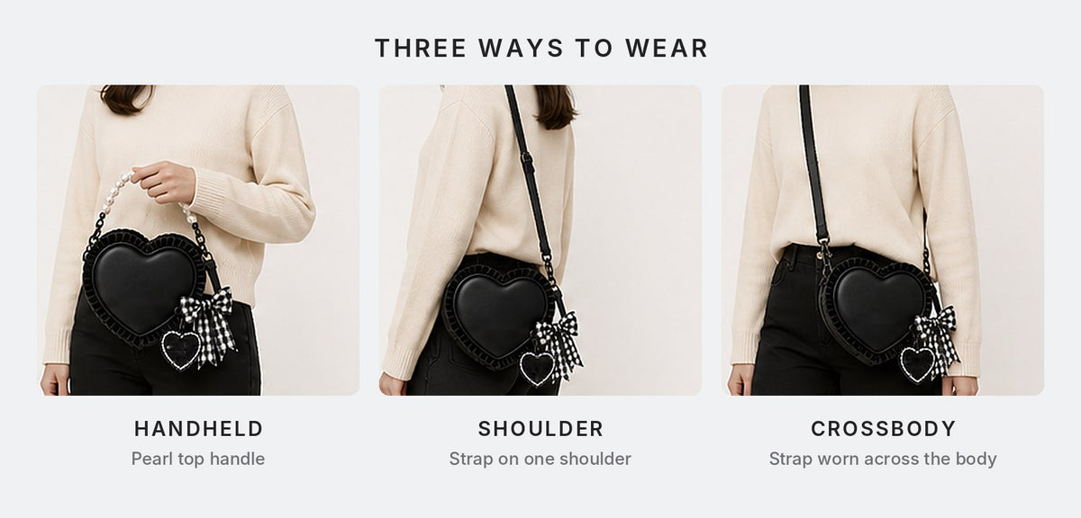 Heart bag worn three ways: by the pearl handle, on the shoulder and crossbody