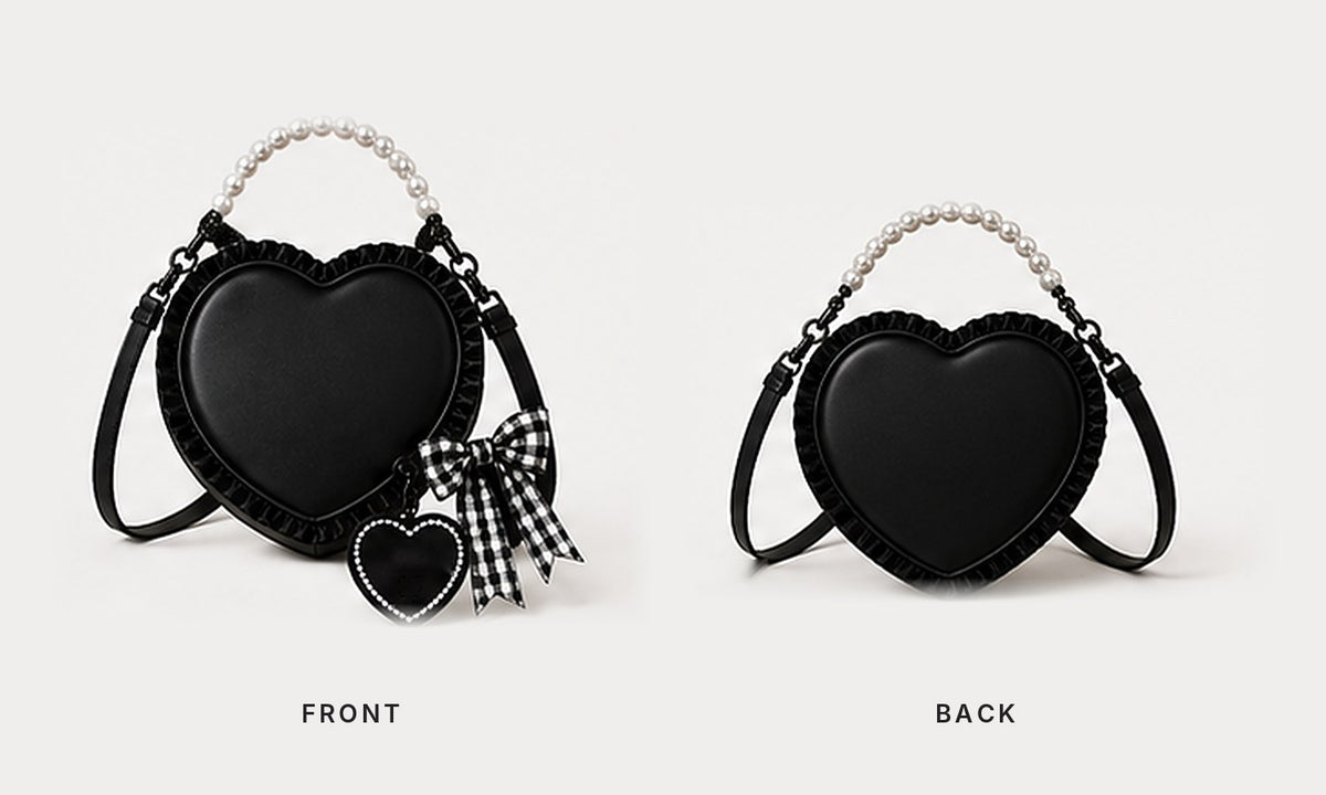 Front and back views of the black satin heart bag