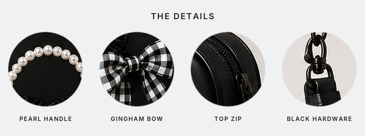 Close ups of the pearl handle, gingham bow, top zip and black metal hardware