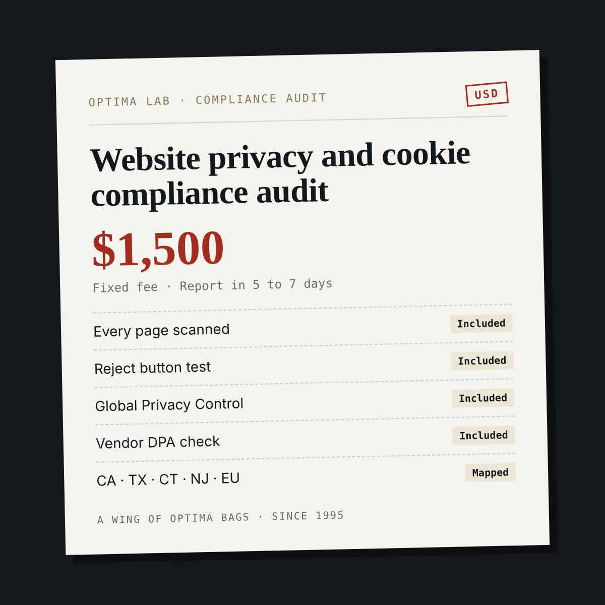 Optima Lab website privacy and cookie compliance audit, $1,500 fixed fee