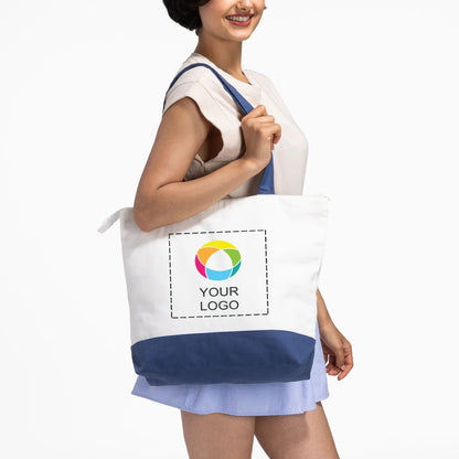 Zippered Cotton Canvas Tote with Interior Pocket, 15 x 18 in, Blue + White