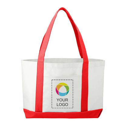 600D Polycanvas Tote Bag with Front Pocket and Trim, 11 x 18 in, White/Red Trim