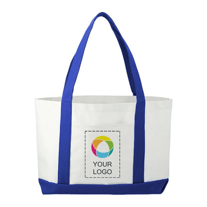 600D Polycanvas Tote Bag with Front Pocket and Trim, 11 x 18 in, White/Royal Blue Trim