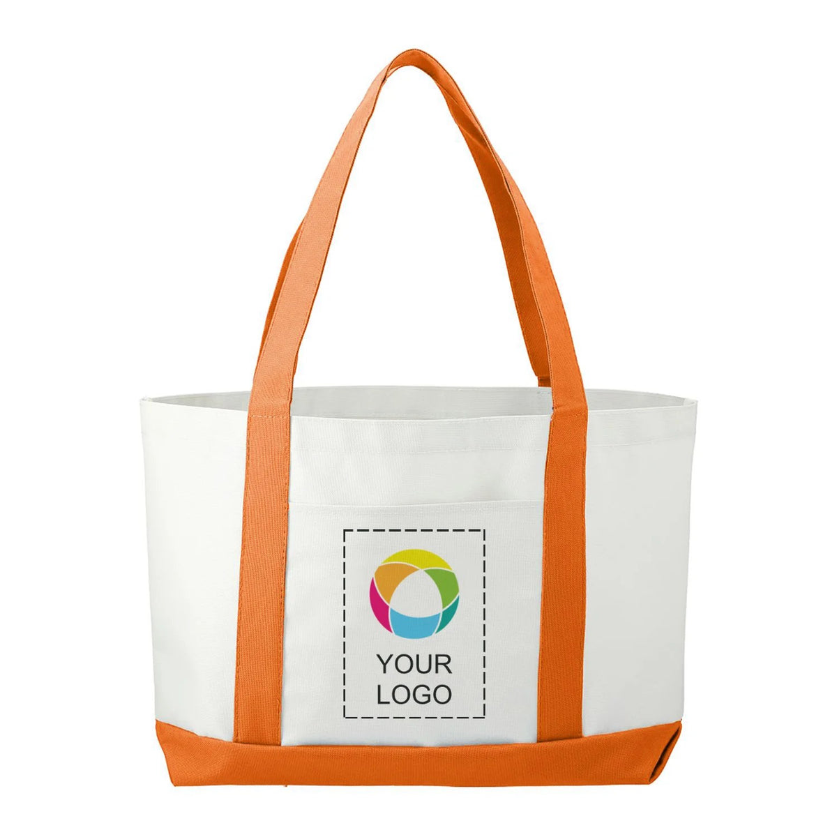 600D Polycanvas Tote Bag with Front Pocket and Trim, 11 x 18 in, White/Orange Trim