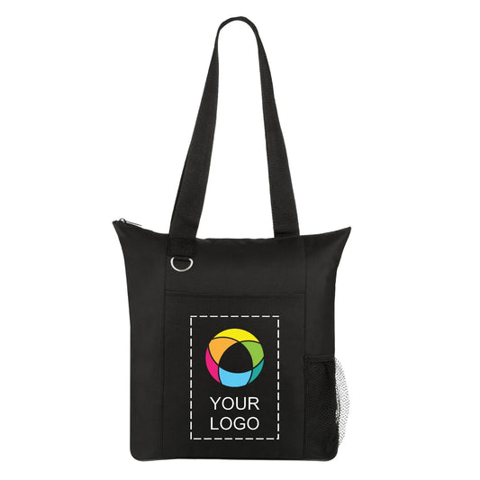 600D Polycanvas Zippered Business Tote with Mesh Pockets, 13.75 x 12 in