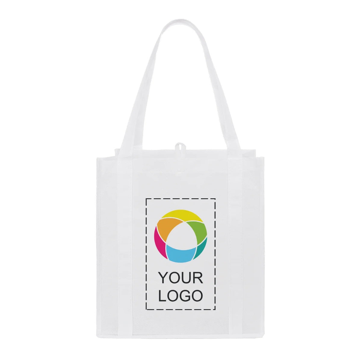 Non-Woven Polypropylene Grocery Tote with Bottom Board, 13 x 12.25 in, White